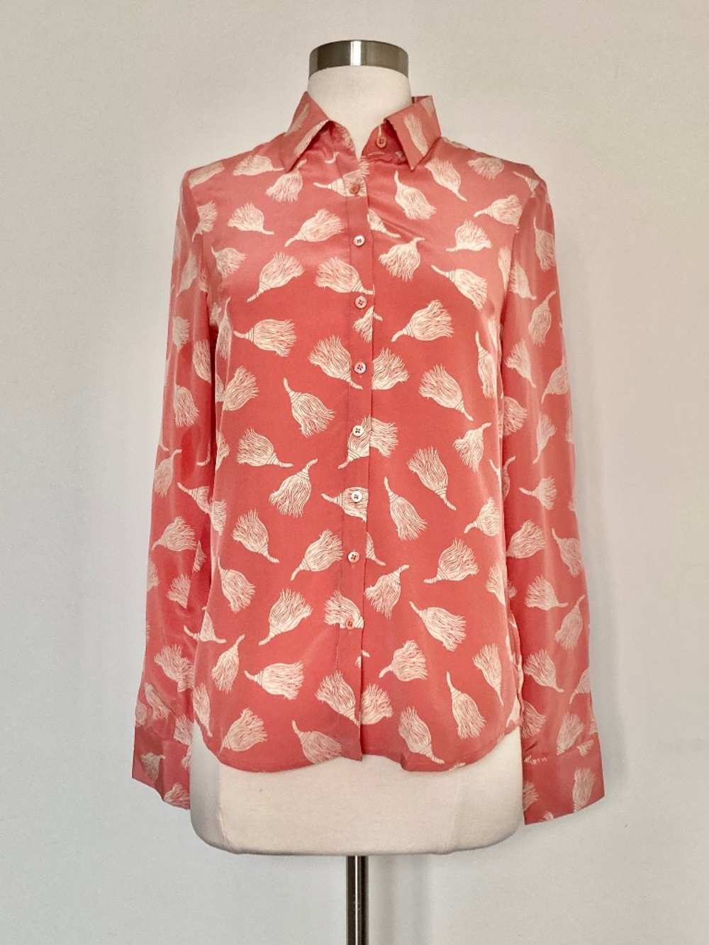 100% Silk Button Down Shirt Coral Orange White Print Rochelle Behrens